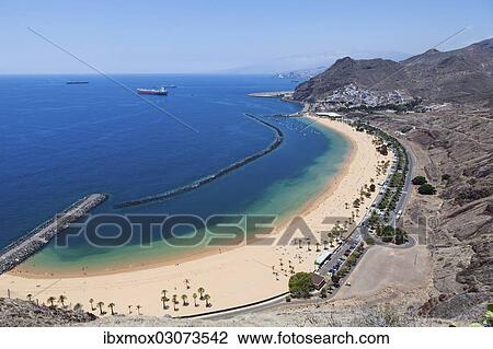 Stock Image - "The sandy beach of Playa de las Teresitas, bird's eye view, San Andres, La Montanita, Tenerife, Canary Islands, Spain, Europe". Fotosearch