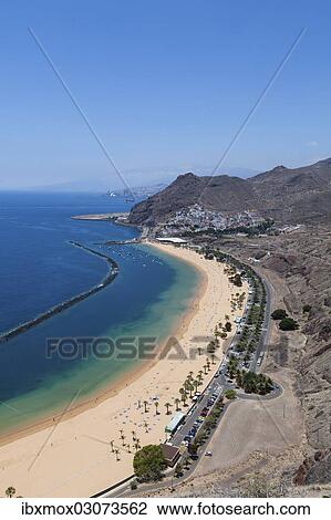 Stock Image - "The sandy beach of Playa de las Teresitas, bird's eye view, San Andres, La Montanita, Tenerife, Canary Islands, Spain, Europe". Fotosearch
