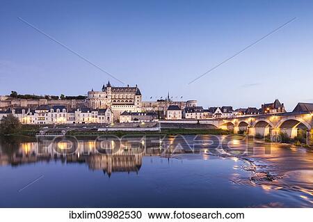 Stock Image - "The walled town and Chateau of Amboise reflected in the River Loire in the evening, Amboise, Centre, France, Europe". Fotosearch