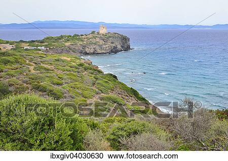 Stock Image - "The watchtower Torre Cannai, on the horizon the coast at Cagliari, Isola di Sant'Antioco, Province of Carbonia-Iglesias, Sardinia, Italy, Europe". Fotosearch