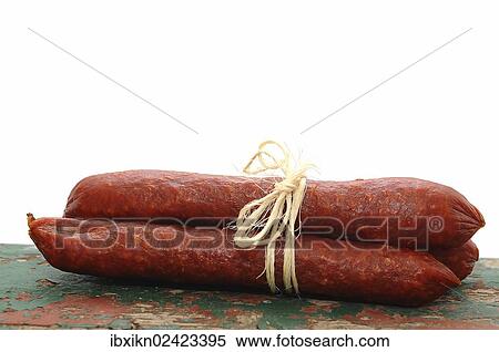 Stock Photography - Three salami tied together. Fotosearch