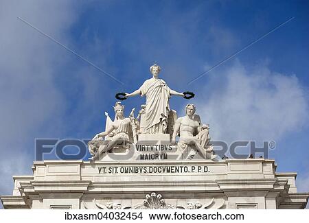"Three statues on the triumphal arch, Rua Augusta, Lisbon, Portugal, Europe" View Large Photo Image Picture - "Three statues on the triumphal arch, Rua Augusta, Lisbon, Portugal, Europe". Fotosearch