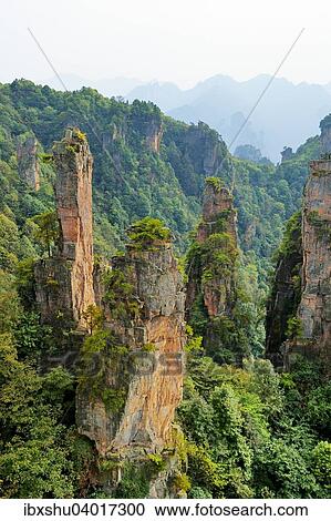 Stock Image - "Tianzishan mountain with vertical rock columns of quartz sandstone, Zhangjiajie National Park, Hunan Province, China, Asia". Fotosearch