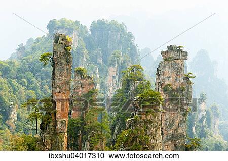 "Tianzishan mountain with vertical rock columns of quartz sandstone, Zhangjiajie National Park, Hunan Province, China, Asia" View Large Photo Image Stock Image - "Tianzishan mountain with vertical rock columns of quartz sandstone, Zhangjiajie National Park, Hunan Province, China, Asia". Fotosearch