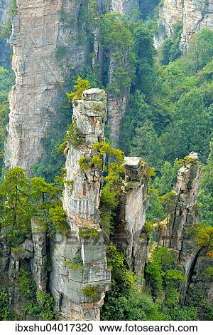 Stock Image - "Tianzishan mountain with vertical rock columns of quartz sandstone, Zhangjiajie National Park, Hunan Province, China, Asia". Fotosearch