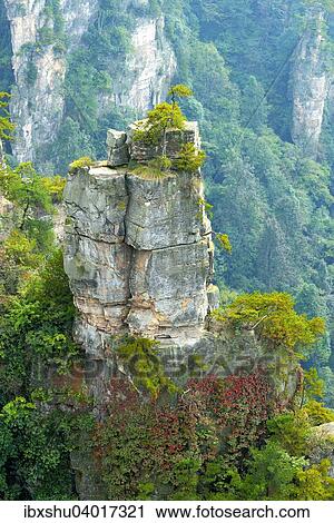 Stock Image - "Tianzishan mountain with vertical rock columns of quartz sandstone, Zhangjiajie National Park, Hunan Province, China, Asia". Fotosearch