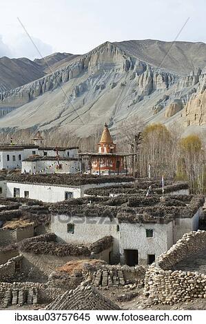 "Tibetan architecture, houses with flat roofs, erosion in the mountains, typical stupa in the village Charang, Upper Mustang, Nepal, Asia" View Large Photo Image Stock Photography - "Tibetan architecture, houses with flat roofs, erosion in the mountains, typical stupa in the village Charang, Upper Mustang, Nepal, Asia". Fotosearch