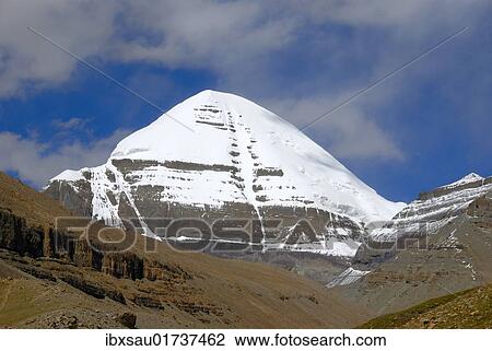 Stock Image - "Tibetan Buddhism, sacred snow-covered mountain, peak of Kailash, south side with channel, Gang Rinpoche, Gang Tise Mountains, Trans-Himalaya, Himalayas, Tibet Autonomous Region, People's Republic of China, Asia". Fotosearch