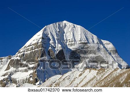 Stock Image - "Tibetan Buddhism, snow-capped sacred mountain of Mount Kailash, 6714 m, north side with Kora, Gang Rinpoche and Gang-Tise Mountains, Trans-Himalaya, Himalayas, Western Tibet, Tibet Autonomous Region, People's Republic of China, Asia". Fotosearch
