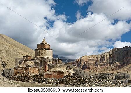 "Tibetan Buddhism, weathered stupa in eroded landscape, Ghami, Upper Mustang, Nepal, Asia" View Large Photo Image Stock Image - "Tibetan Buddhism, weathered stupa in eroded landscape, Ghami, Upper Mustang, Nepal, Asia". Fotosearch