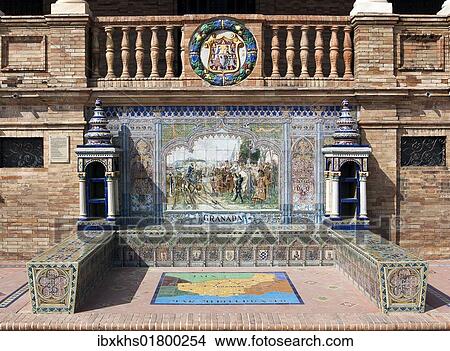 Picture - "Tile mosaic of a Spanish province, Plaza de Espana, Seville, Spain, Europe". Fotosearch