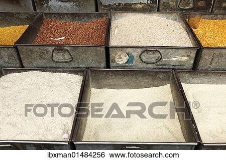 Stock Photograph - "Tin trays with rice, Devaraja Market, Mysore, Karnataka, South India, India, South Asia, Asia". Fotosearch