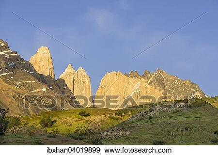 "Torres del Paine in the morning, Torres del Paine National Park, Magallanes y la Antartica Chilena Region, Chile, South America" View Large Photo Image Stock Photo - "Torres del Paine in the morning, Torres del Paine National Park, Magallanes y la Antartica Chilena Region, Chile, South America". Fotosearch