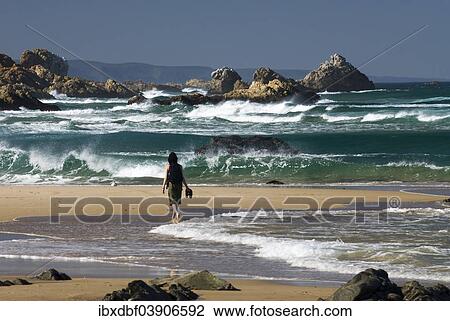Stock Image - "Tourist on a beach at the Indian Ocean, waves on the coast of Tsitsikamma National Park, Garden Route National Park, Cacadu District, Eastern Cape Province, South Africa, Africa". Fotosearch