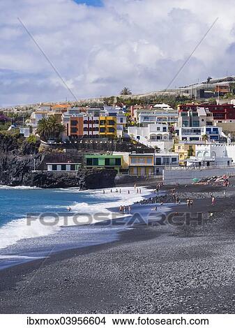 Picture - "Tourists on the black beach of Puerto Naos, La Palma, Canary Islands, Spain, Europe". Fotosearch