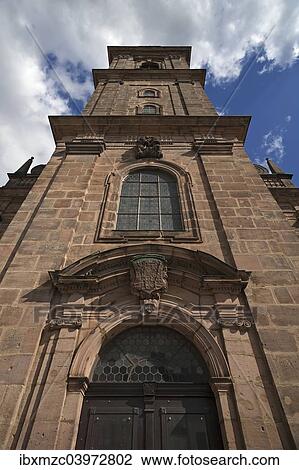 Stock Image - "Tower of the Altstadter Dreifaltigkeitskirche church, consecrated in 1721, Erlangen, Middle Franconia, Bavaria, Germany, Europe". Fotosearch