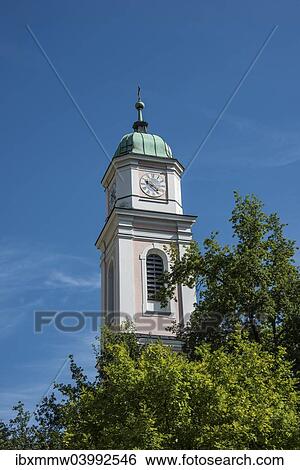 Stock Photograph - "Tower of the parish church of St. Andrew, Berchtesgaden, Berchtesgadener Land district, Upper Bavaria, Bavaria, Germany, Europe". Fotosearch