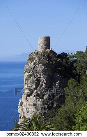 "Tower Torre de Ses Animes, observation tower near Banyalbufar, Serra de Tramuntana, Northwestern Coast, Mallorca, Balearic Islands, Mediterranean Sea, Spain, Europe" View Large Photo Image Stock Image - "Tower Torre de Ses Animes, observation tower near Banyalbufar, Serra de Tramuntana, Northwestern Coast, Mallorca, Balearic Islands, Mediterranean Sea, Spain, Europe". Fotosearch