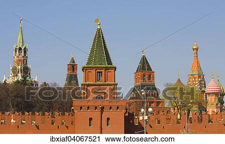 Stock Image - "Towers of Moscow Kremlin and domes of Saint Basil's Cathedral, Moscow, Russia, Europe". Fotosearch