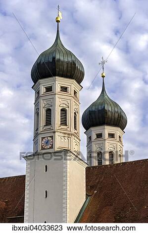 Stock Image - "Towers of the Basilica of St. Benedict, Benedictine monastery Benediktbeuern, Benediktbeuern, Upper Bavaria, Bavaria, Germany, Europe". Fotosearch