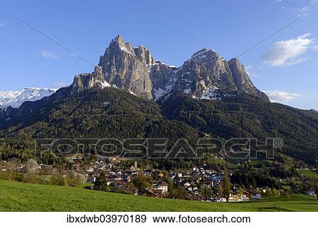 Stock Photo - "Town of Seis am Schlern with Mt Schlern, Eisack Valley, South Tyrol, Italy, Europe". Fotosearch