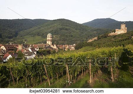 Stock Image - "Townscape in the morning light, Kaysersberg, Haut-Rhin, Alsace, Alsace Wine Route, France, Europe". Fotosearch