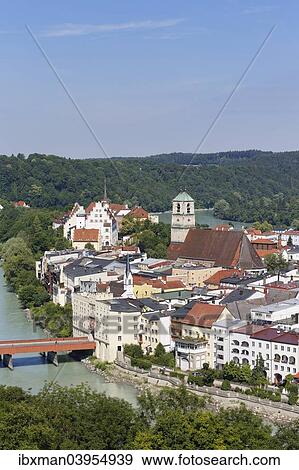 Stock Photo - "Townscape, loop of the Inn river, Wasserburg am Inn, Upper Bavaria, Bavaria, Germany, Europe". Fotosearch