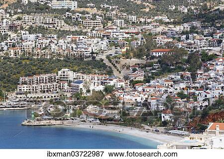 Stock Photo - "Townscape of Kalkan with beach, Kalkan, Lycia, Province of Antalya, Turkey, Asia". Fotosearch