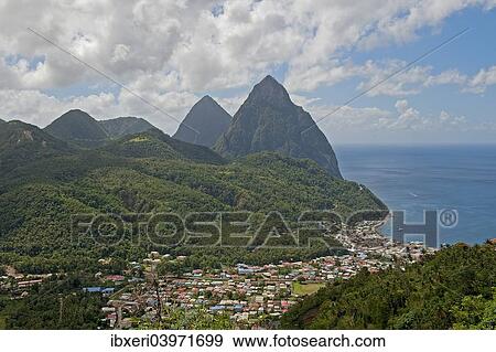 "Townscape, the Pitons at the back, Palmiste, Soufriere, Saint Lucia, North America" View Large Photo Image Stock Photo - "Townscape, the Pitons at the back, Palmiste, Soufriere, Saint Lucia, North America". Fotosearch