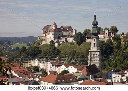 Stock Photograph - "Townscape with Burghausen Castle and the parish church of St. Jacob, Burghausen, Upper Bavaria, Bavaria, Germany, Europe". Fotosearch