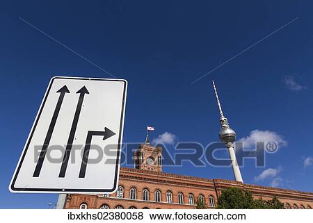"Traffic sign, Berlin town hall and television tower at back, Berlin, Germany, Europe" View Large Photo Image Stock Photo - "Traffic sign, Berlin town hall and television tower at back, Berlin, Germany, Europe". Fotosearch