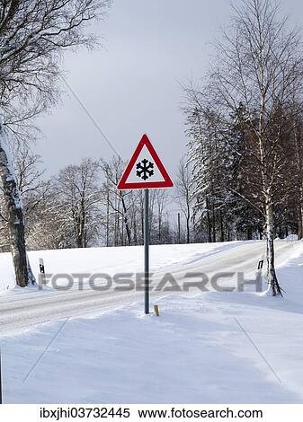Stock Photography - "Traffic sign in winter, Upper Bavaria, Bavaria, Germany, Europe". Fotosearch