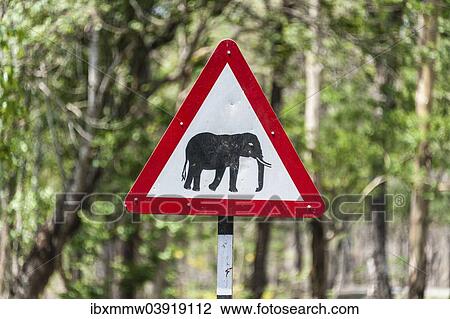 Stock Image - "Traffic signs, warning of crossing elephants, Nagarhole National Park, Karnataka, India, Asia". Fotosearch