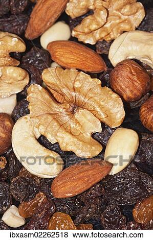 "Trail mix with walnuts, almonds, hazelnuts, cashews and raisins" View Large Photo Image Stock Photo - "Trail mix with walnuts, almonds, hazelnuts, cashews and raisins". Fotosearch