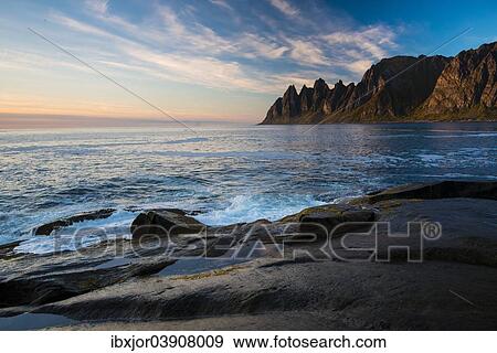Stock Photo - "Tungeneset coastline, Devil's Teeth, Okshornan-Range, Senja, Troms â€ª, Northern Norway, Norway, Europe". Fotosearch