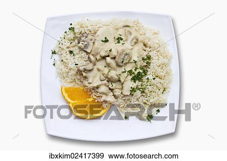 Stock Photo - Turkey stew with rice and mushrooms. Fotosearch