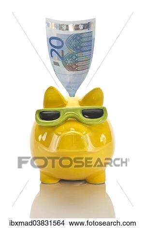 Twenty euro banknote inserted into a piggy bank with sunglasses View Large Photo Image Picture - Twenty euro banknote inserted into a piggy bank with sunglasses. Fotosearch