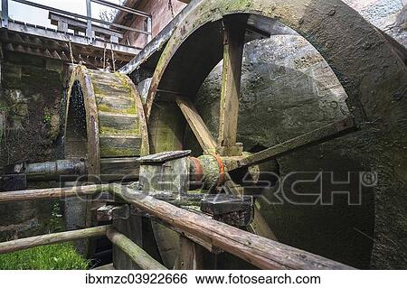 "Two overshot water wheels of a flour mill, renovated in 1895, Frankisches Freilandmuseum Bad Windsheim open-air museum, Bad Windsheim, Middle Franconia, Franconia, Bavaria, Germany, Europe" View Large Photo Image Stock Photograph - "Two overshot water wheels of a flour mill, renovated in 1895, Frankisches Freilandmuseum Bad Windsheim open-air museum, Bad Windsheim, Middle Franconia, Franconia, Bavaria, Germany, Europe". Fotosearch