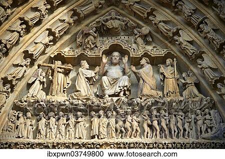 "Tympanum of the central west portal showing Gothic sculptures of Christ in Majesty presiding over the Day of Judgement, Amiens Cathedral, Notre Dame d'Amiens, UNESCO World Heritage Site, Amiens, France, Europe" View Large Photo Image Stock Image - "Tympanum of the central west portal showing Gothic sculptures of Christ in Majesty presiding over the Day of Judgement, Amiens Cathedral, Notre Dame d'Amiens, UNESCO World Heritage Site, Amiens, France, Europe". Fotosearch