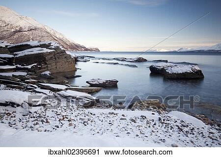 Stock Image - "Ullsfjord near Oldervik in winter, Tromso, Norway, Europe". Fotosearch