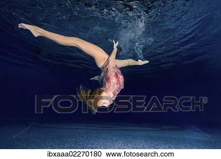 Stock Image - "Underwater model presenting fashion in pool, Odessa, Ukraine, Eastern Europe, Europe". Fotosearch