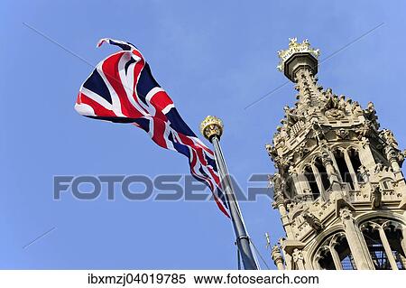Stock Photography - "Union Jack on top of the Victoria Tower, Palace of Westminster, Houses of Parliament, UNESCO World Cultural Heritage site, London, England, United Kingdom, Europe". Fotosearch