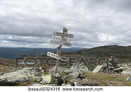 "Upland fjell, Peer Gynt Stien hiking trail, signposts at Mt Ruten, 1516m, towards Fefor, Oppland, Norway, Scandinavia, Northern Europe, Europe" View Large Photo Image Stock Photograph - "Upland fjell, Peer Gynt Stien hiking trail, signposts at Mt Ruten, 1516m, towards Fefor, Oppland, Norway, Scandinavia, Northern Europe, Europe". Fotosearch