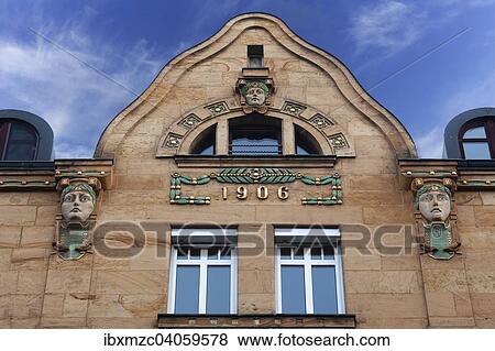 Stock Photo - "Upper facade of an Art Nouveau building from 1906, Nuremberg, Middle Franconia, Bavaria, Germany, Europe". Fotosearch