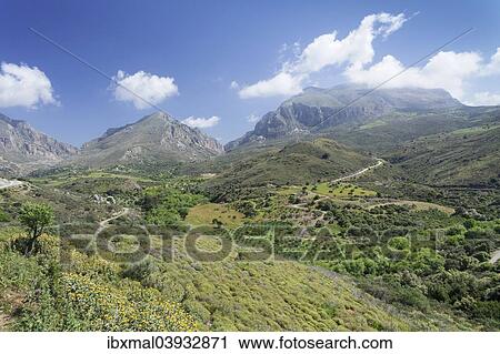 Stock Image - "Valley of Megalopotamos, Kouroupa and Xiro Mountains, Rethymno, Crete, Greece, Europe". Fotosearch