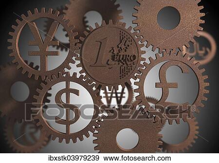 "Various currency symbols, cog wheels, illustration" View Large Photo Image Stock Photo - "Various currency symbols, cog wheels, illustration". Fotosearch