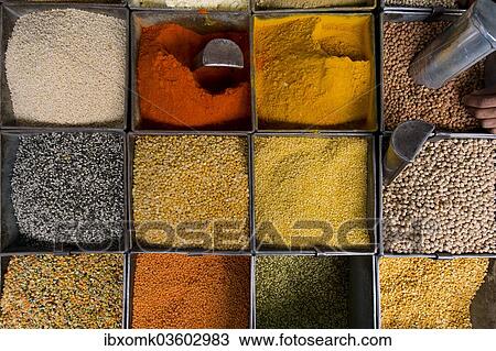 Stock Image - "Various spices and lentils at a market, Jodhpur, Rajasthan, India, Asia". Fotosearch