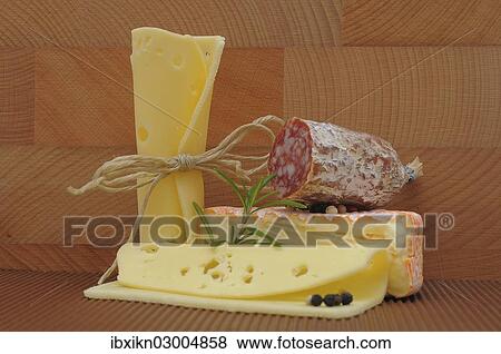 "Various types of cheeses and a piece of salami, Germany, Europe" View Large Photo Image Stock Photo - "Various types of cheeses and a piece of salami, Germany, Europe". Fotosearch