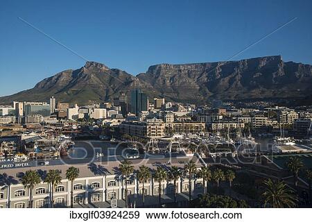 Stock Photo - "Victoria and Alfred Waterfront, from Cape Wheel, Devil's Peak and Table Mountain at the back, Cape Town, Western Cape, South Africa, Africa". Fotosearch