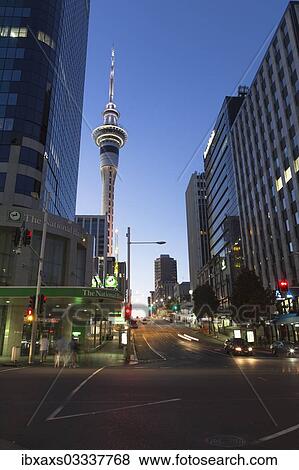 Stock Photo - "Victoria Street West, Skytower and skyscrapers at night, Auckland, Auckland Region, New Zealand, Oceania". Fotosearch